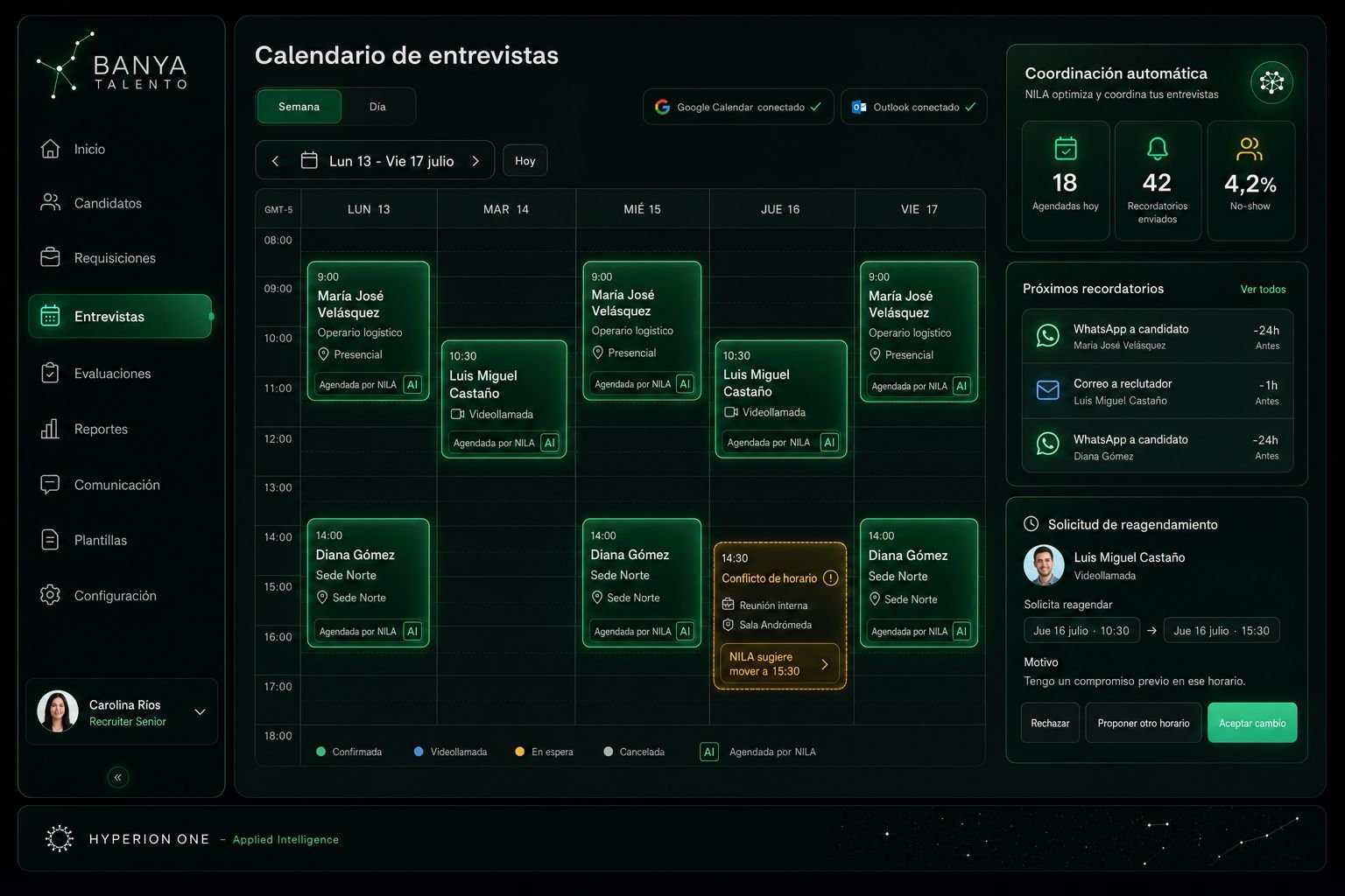 Calendario de entrevistas sincronizado con Google Calendar y Outlook, con coordinación automática y recordatorios.