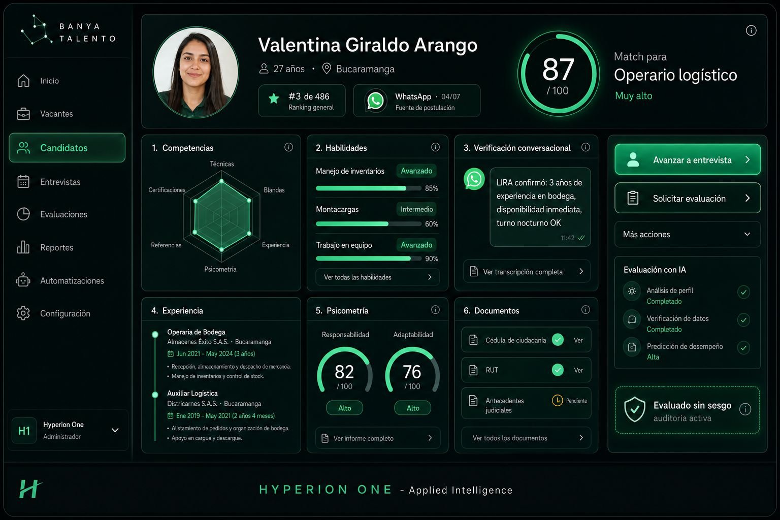 Perfil de candidato con score de match y desglose por competencias, habilidades, experiencia y psicometría.