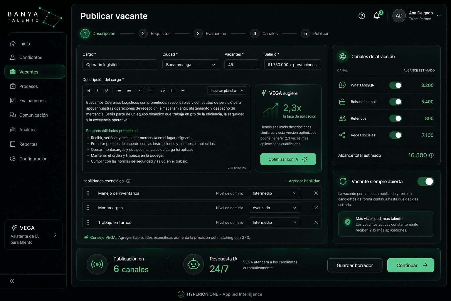 Wizard de publicación de vacante multicanal con canales de atracción y alcance estimado.